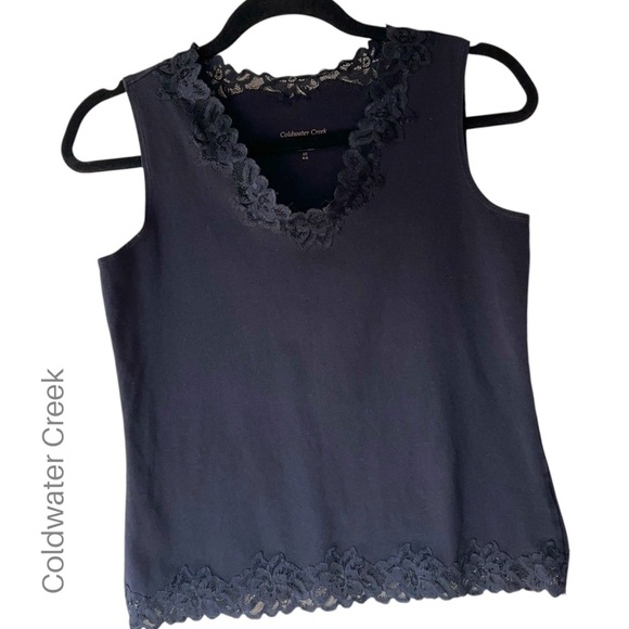 COLDWATER CREEK | NWOT | NAVY BLUE DOUBLE LACE TANK TOP STRETCH COTTON | XS - Picture 1 of 7